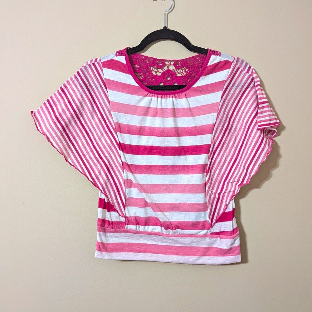 Pink Striped Batwing Blouse Crochet Knit Back Detail Banded Hem Girls Sz XL